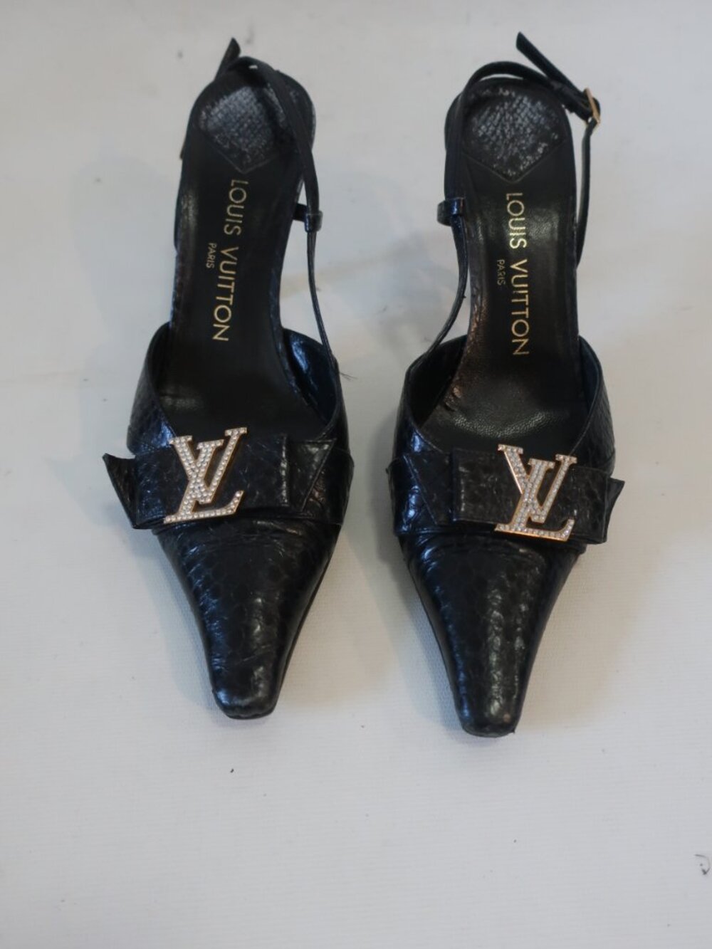 Women Louis Vuitton Black Embossed Snakeskin Crystal Logo Heels 37 1/2 EU/US 7.5 - Picture 8 of 15